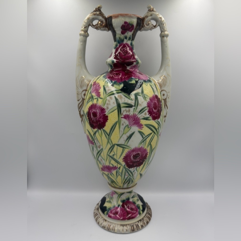 Vintage Amphora Shaped Nippon Style Porcelain Vase Hand-painted Moriage.